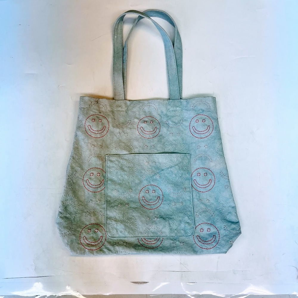 Urban Outfitters Blue Acid Wash Smiley Face Embroidered Cotton Canvas Tote Bag